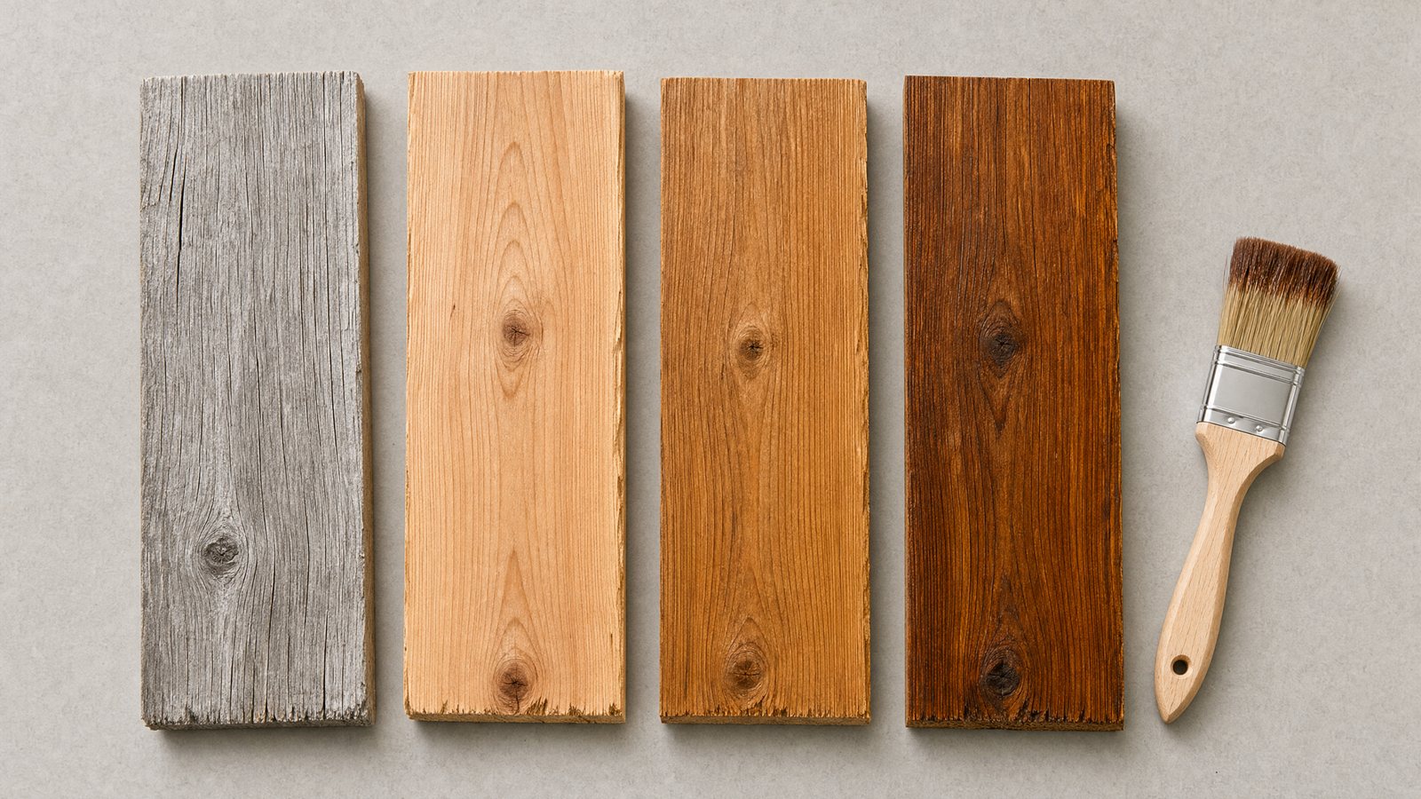 Four cedar board samples: weathered gray, bare, clear-sealed and semitransparent stained, with brush