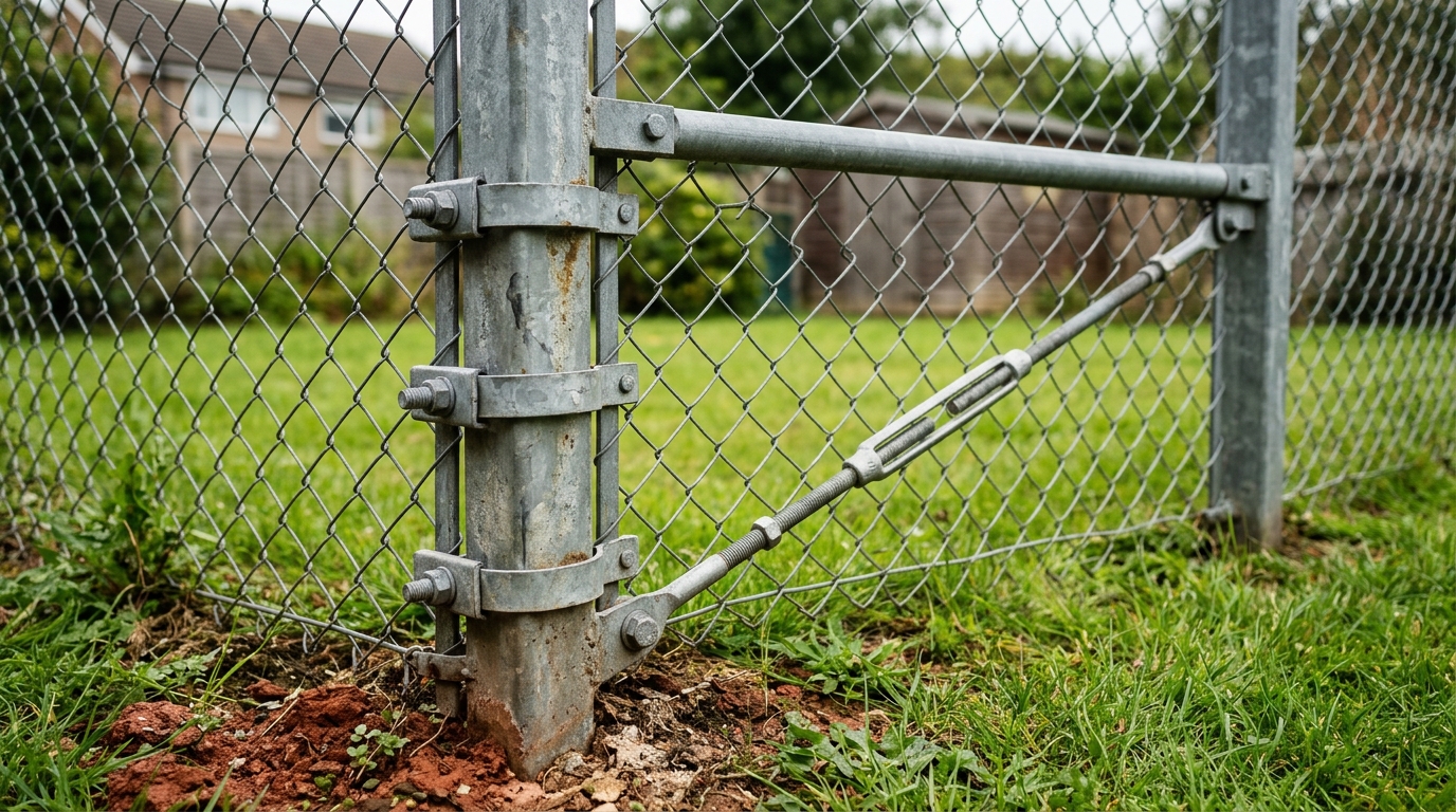 Galvanized corner post with horizontal brace rail and diagonal truss rod turnbuckle
