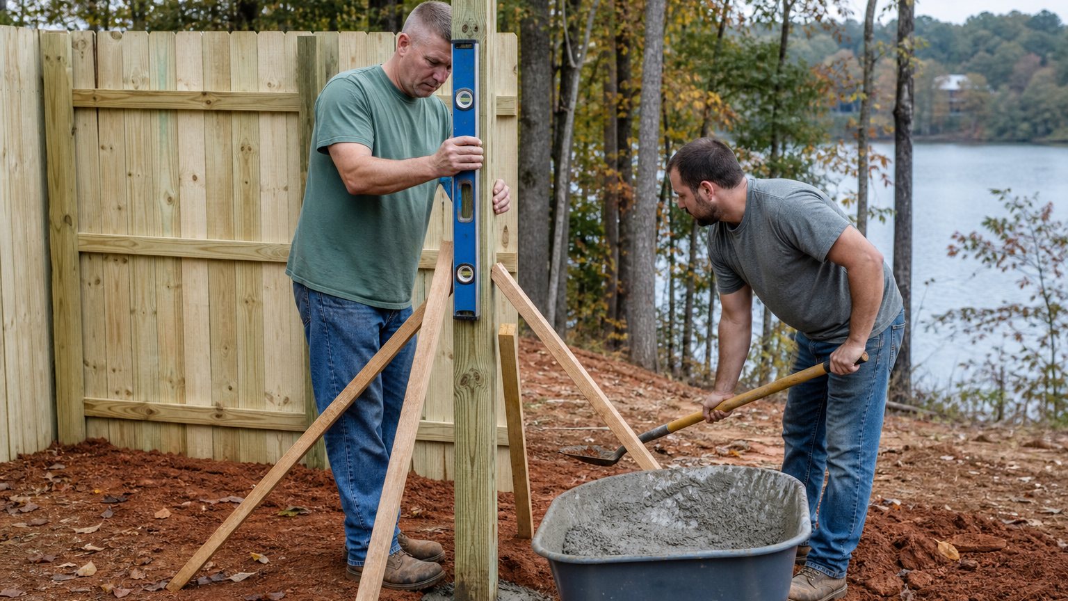 Two installers holding a gate post plumb with a level in fresh concrete