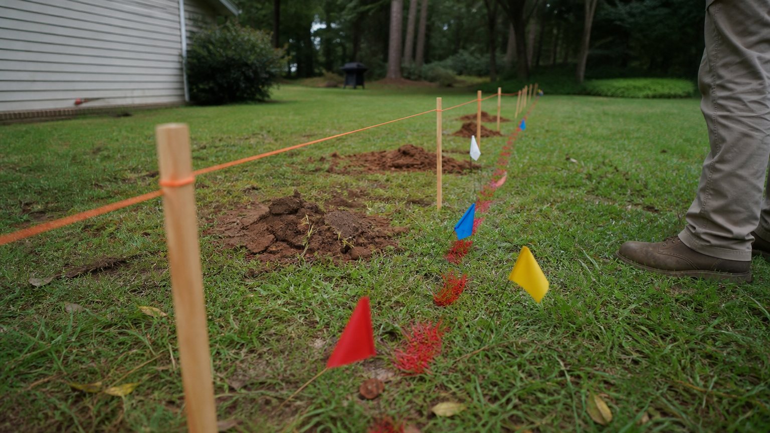 Colored utility locate flags and paint marks beside fence layout stakes and string