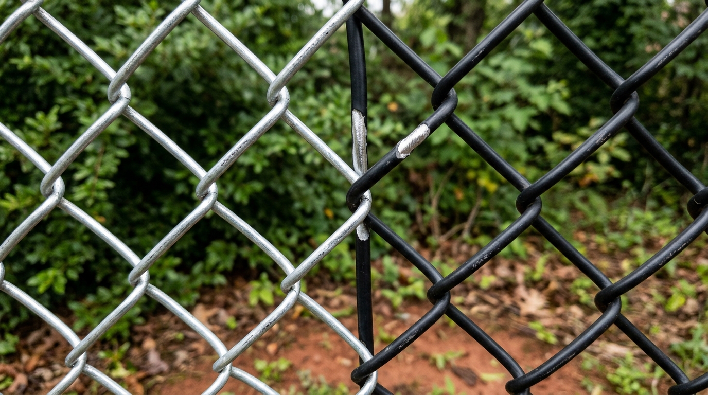 Galvanized silver chain link mesh meeting black polymer-coated mesh with core showing