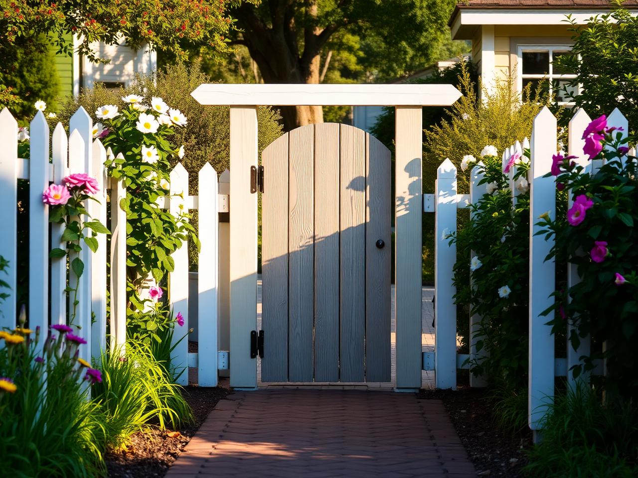 Charming wooden walkway garden gate in a white picket fence