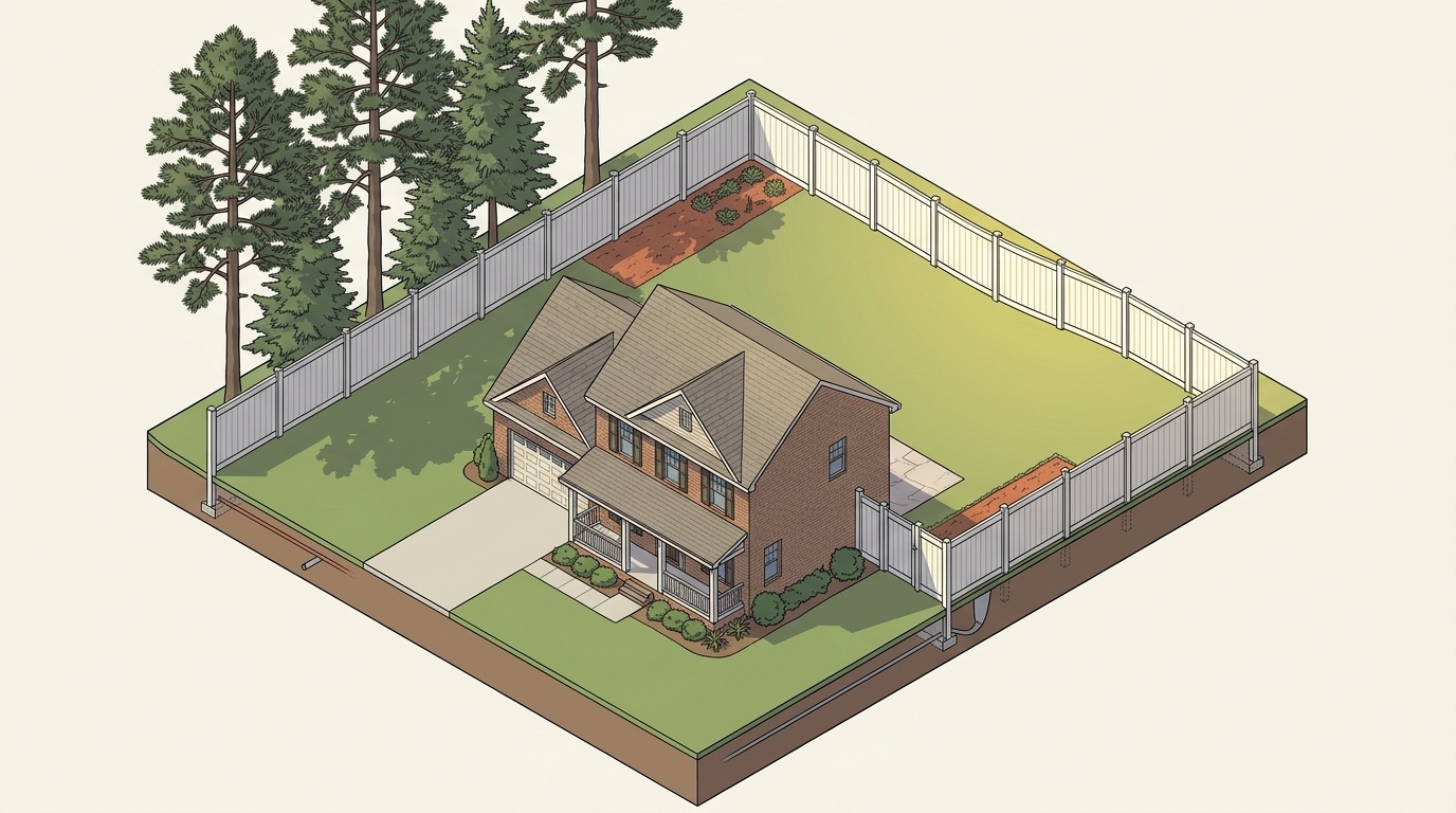 Diagram of a fenced suburban lot with a sunlit run and a pine-shaded run