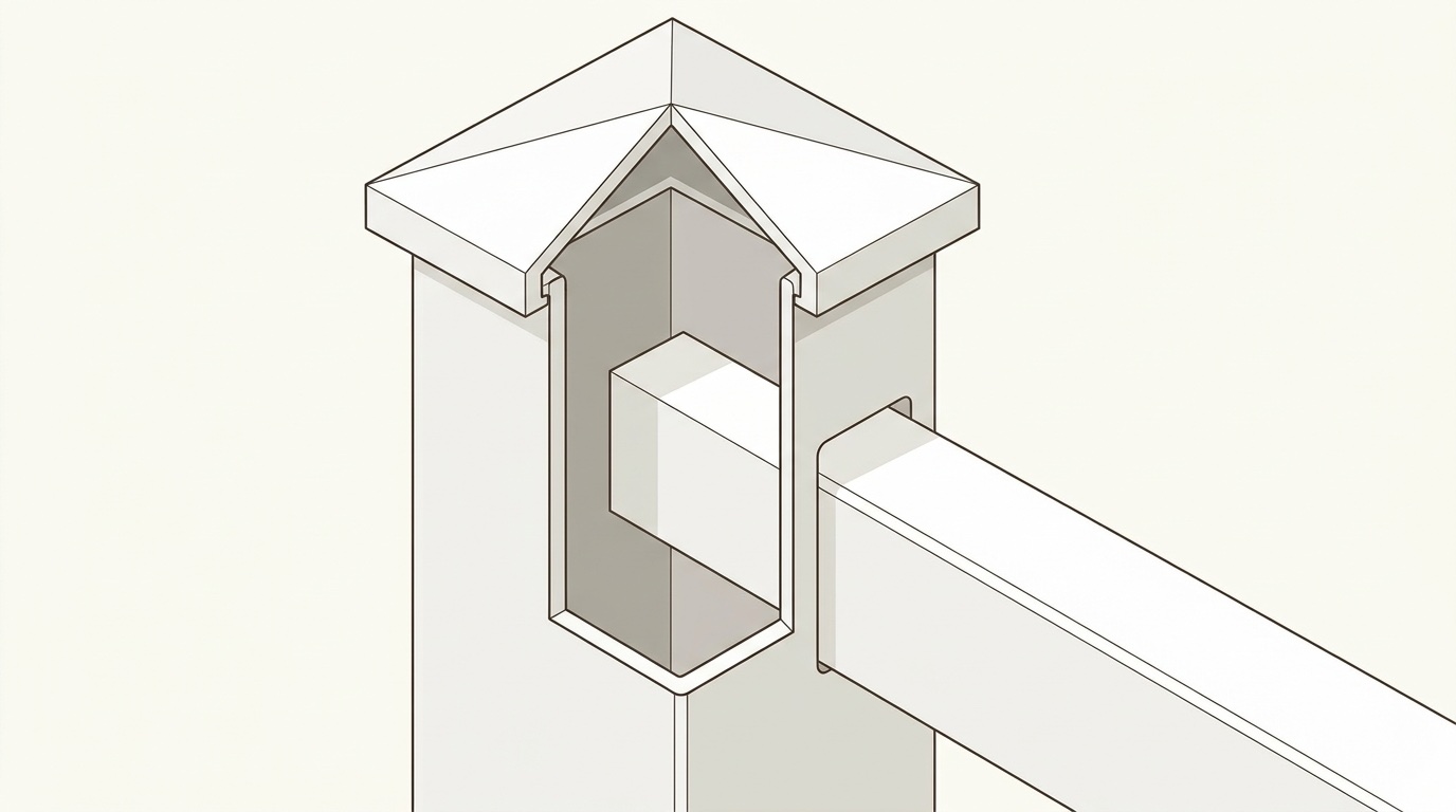 Cutaway diagram of a vinyl rail entering a routed fence post with space behind
